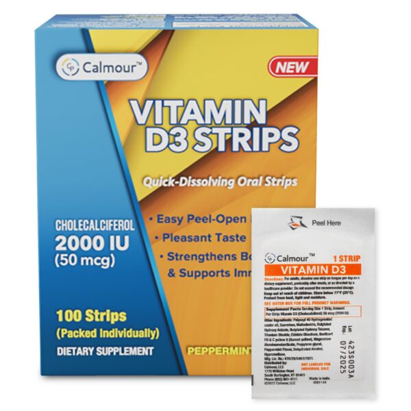 CALMOUR Vitamin D3 Strips vista frontal de la caja