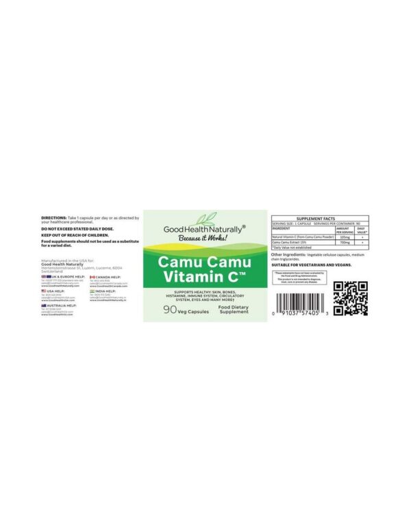 Etiqueta frontal de Camu Camu vitamina C