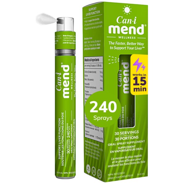 Version 1.0.0 Spray oral Can-i Mend frente al envase
