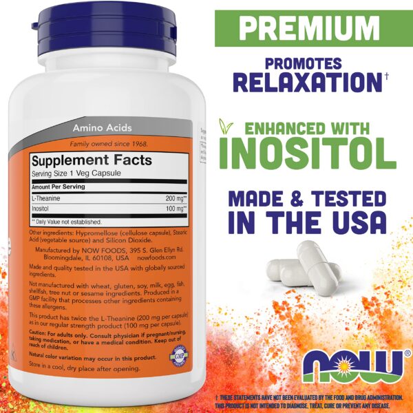 Etiqueta suplementaria NOW Foods L-Theanine 200 mg doble fuerza