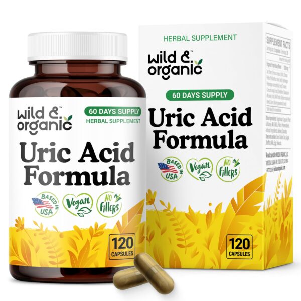 Version 1.0.0 Frasco de cápsulas Wild & Organic para ácido úrico con ingredientes naturales