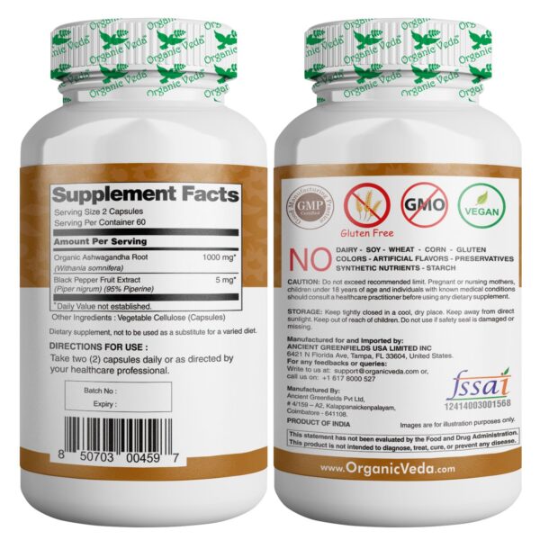 Cápsulas Ashwagandha orgánica con extracto de pimienta negra