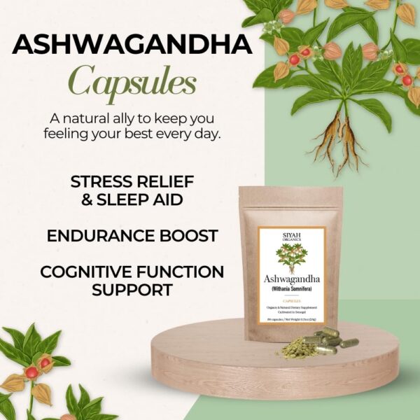 Cápsulas de Ashwagandha Siyah Organics caja y etiqueta principal