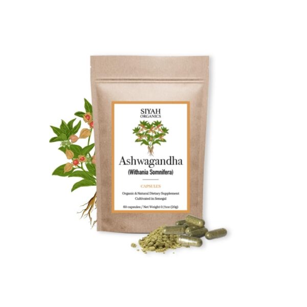 Cápsulas de Ashwagandha Siyah Organics frasco vista frontal