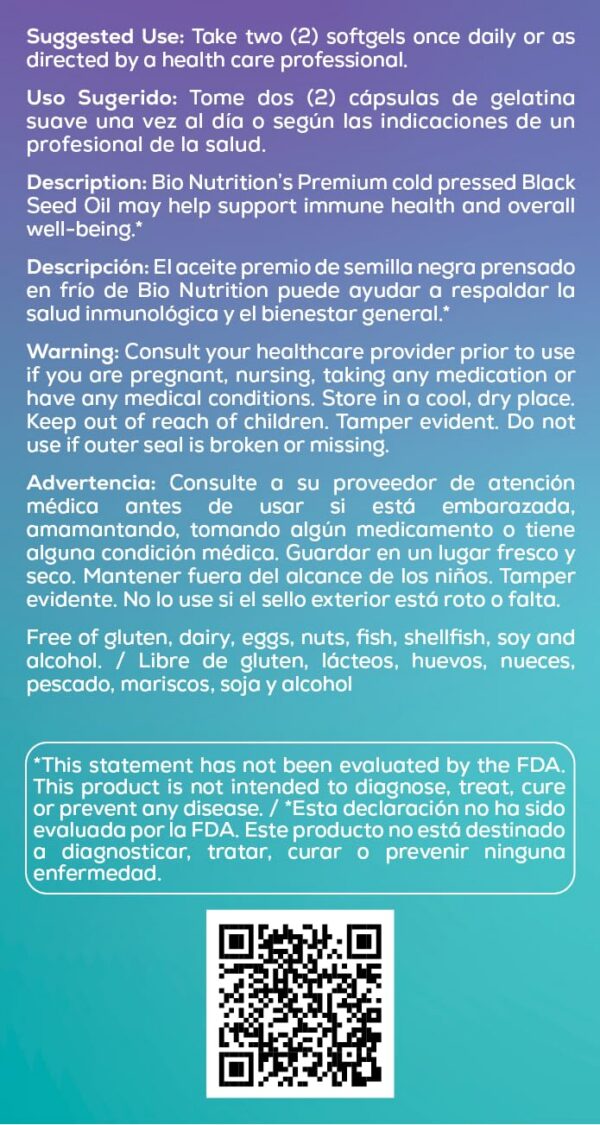 Cápsulas blandas de aceite de semilla negra Bio Nutrition