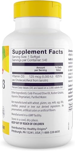 Cápsulas blandas de vitamina D3 5000 UI por Healthy Origins presentación paquetizada