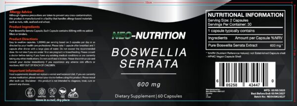 Cápsulas Boswellia Serrata 600mg presentadas para uso diario