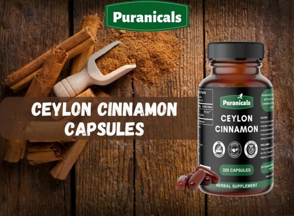 Cápsulas de canela de Ceilán Puranicals en frasco sellado