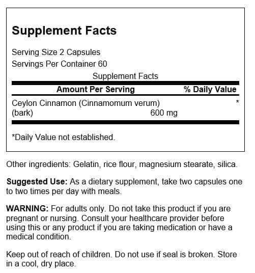 Cápsulas de canela pura para salud general Swanson