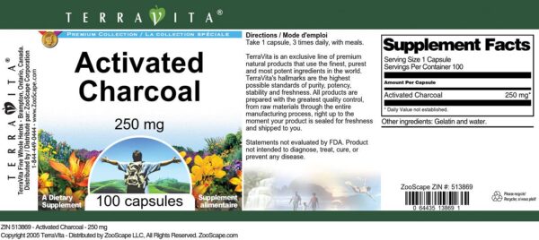 Cápsulas carbón activado TerraVita 250 mg sin rellenos