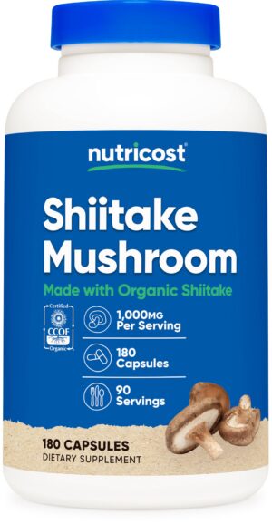 Botella de cápsulas de champiñón shiitake orgánico Nutricost
