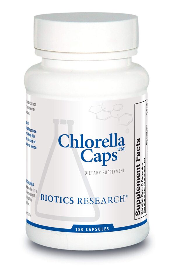 Cápsulas de Chlorella Biotics Research frasco frontal