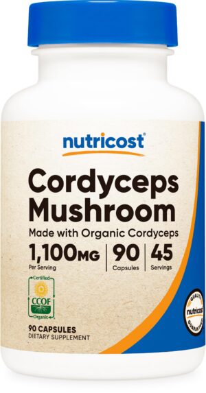 Frasco de cápsulas cordyceps Nutricost 1100mg orgánicas