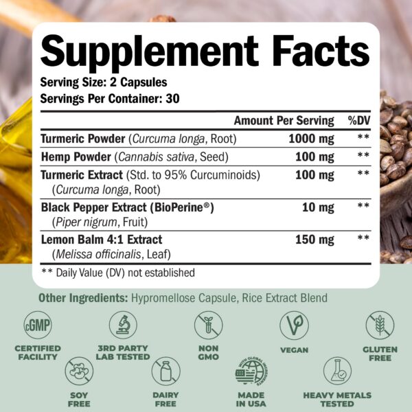 Cápsulas de cúrcuma y cáñamo para dormir y estado de ánimo