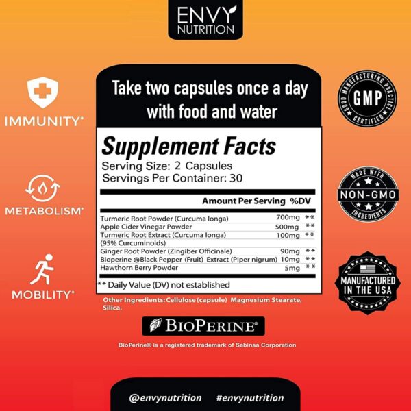 Cápsulas de cúrcuma y jengibre Envy Nutrition saludable