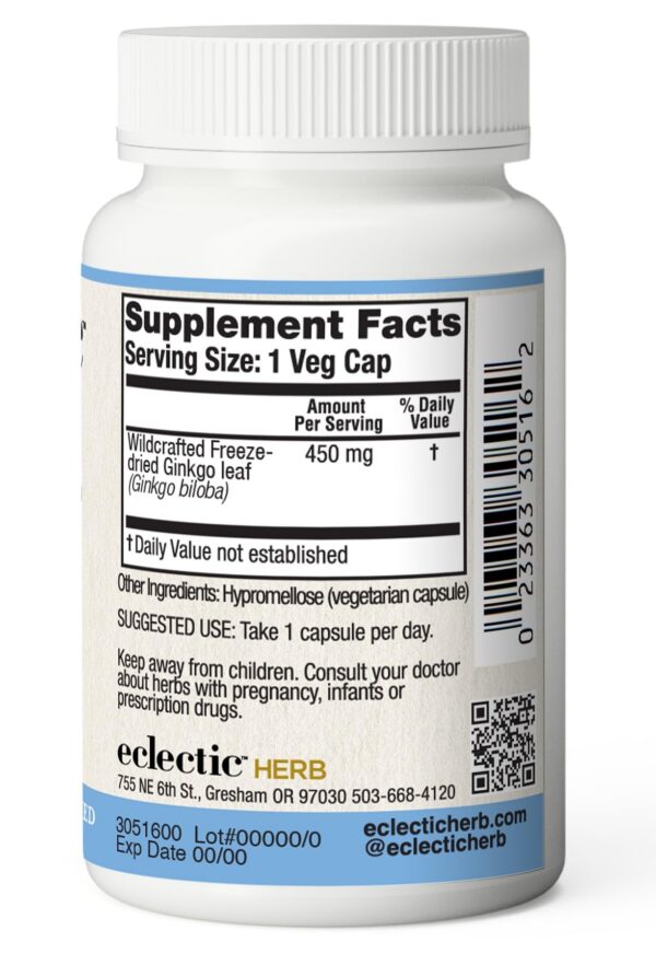 Cápsulas Eclectic Institute Ginkgo para circulación y concentración