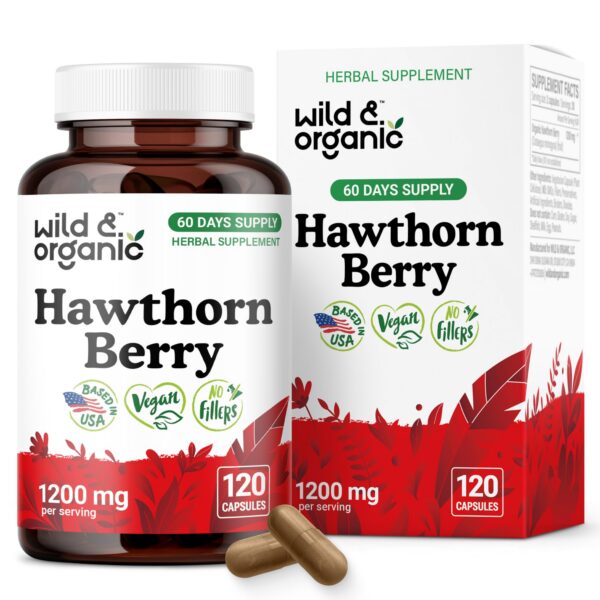 Frasco de cápsulas de espino silvestre orgánico para apoyo general