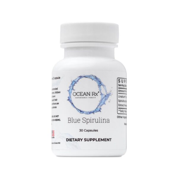 Cápsulas de espirulina azul orgánica Ocean Rx frasco frontal