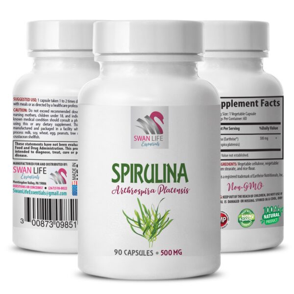 Cápsulas de espirulina en frasco azul con etiqueta Swan Life Essentials