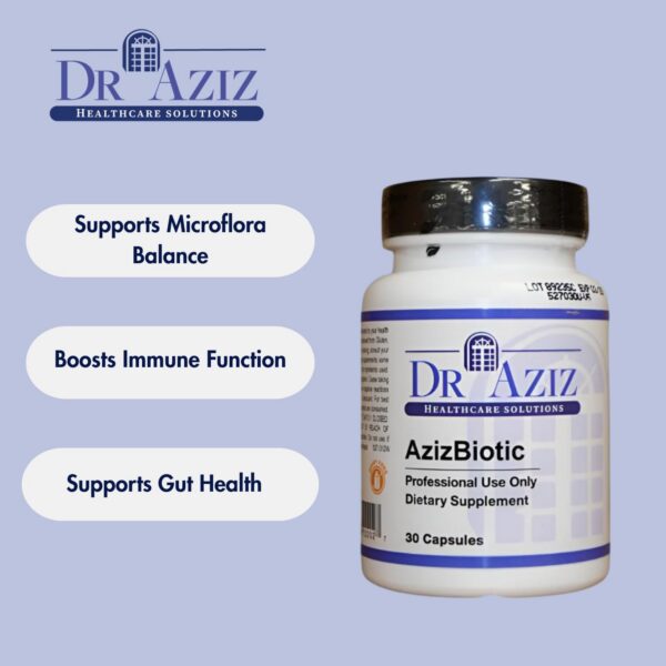 Cápsulas y etiqueta Dr AzizBiotic probiótico 7 cepas