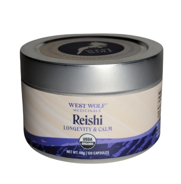 Frasco de cápsulas de extracto de hongo Reishi veganas y orgánicas