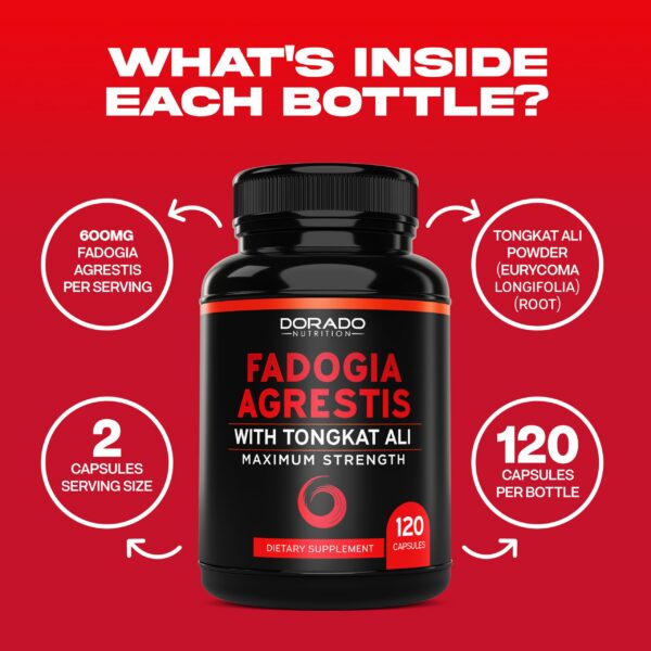 Cápsulas de suplemento Fadogia Agrestis y Tongkat Ali sobre fondo blanco