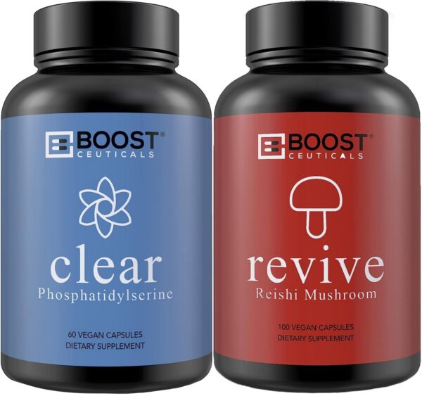 Frasco con cápsulas de fosfatidil serina y seta Reishi