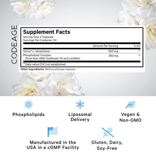 Cápsulas de glutatión liposomal Codeage desplegadas sobre fondo blanco