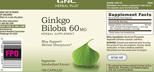 Cápsulas GNC Ginkgo Biloba soporte antioxidante y concentración