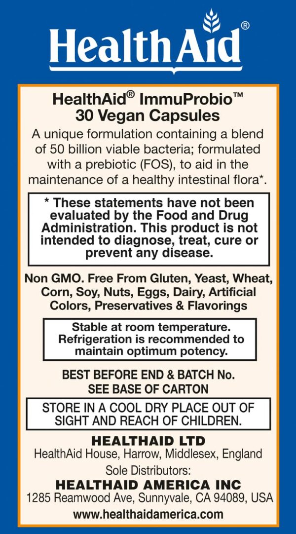 Capsulas HealthAid ImmuProbio suplemento probiótico resistente ácido y bilis