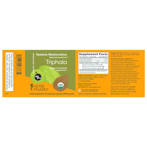 Cápsulas Herb Pharm Triphala certificadas FAIRWILD para limpieza natural