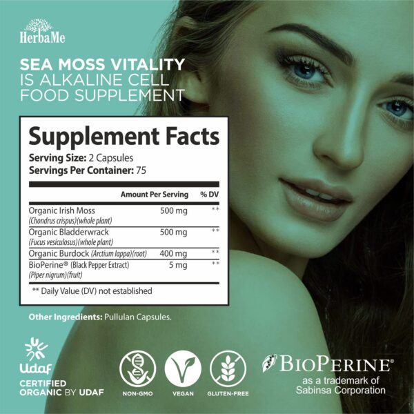 Cápsulas HerbaMe con musgo irlandés y raíz de bardana para salud integral