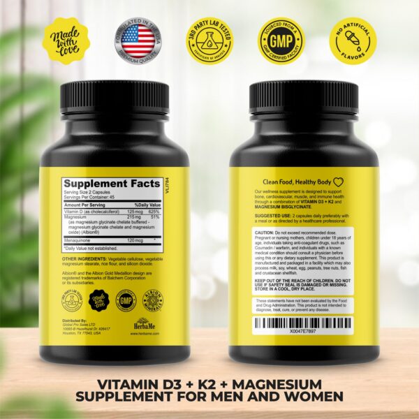 Cápsulas HerbaMe vitaminas D3 5000 UI K2 y magnesio para absorción