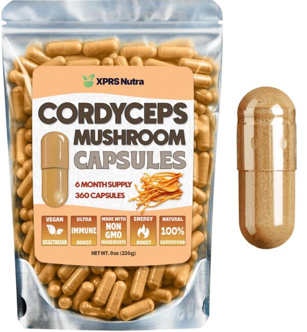 Cápsulas de hongo cordyceps XPRS Nutra en envase