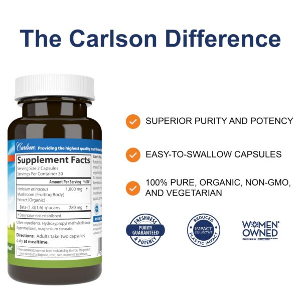 Cápsulas de suplemento de hongo melena de león orgánico Carlson