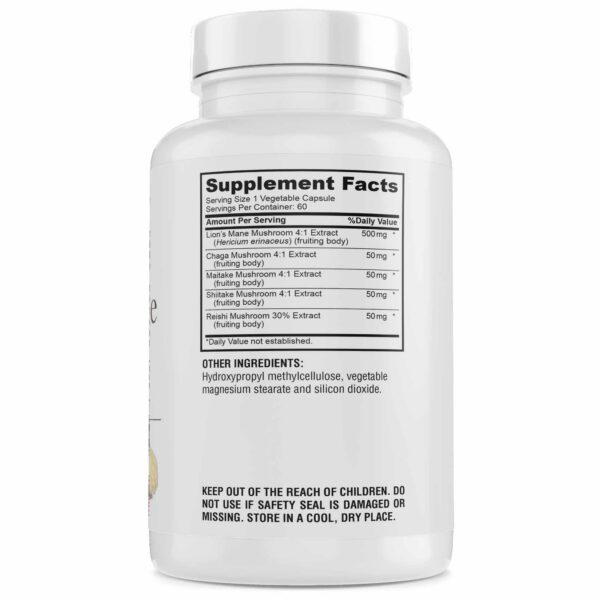 Detalle de cápsulas Lions Mane para salud cerebral Genius Herbals