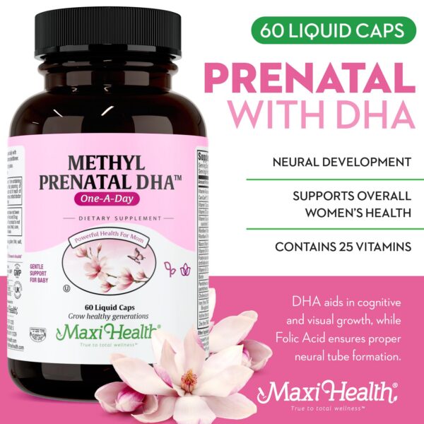 Cápsulas líquidas de Maxi Health vitaminas prenatales DHA