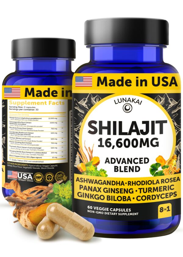 Cápsulas Lunakai Shilajit Puro con Ashwagandha y Rhodiola