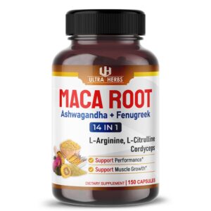 Cápsulas Maca Peruana Ultra Herbs 150 unidades frasco frontal