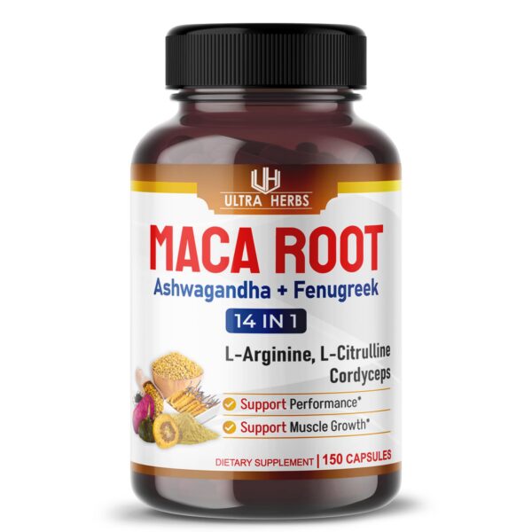 Cápsulas Maca Peruana Ultra Herbs 150 unidades frasco frontal