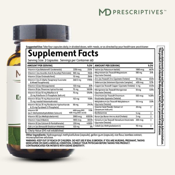 Cápsulas de MD Prescriptives Multi Esencial con ingredientes clave