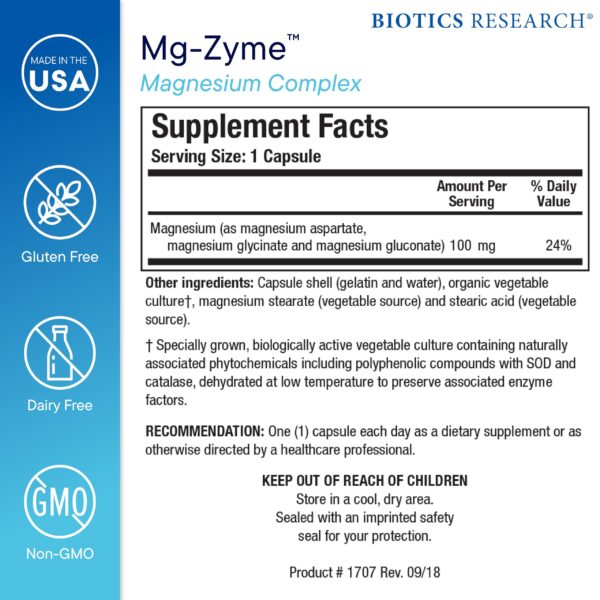 Detalle cápsulas Mg-Zyme triple complejo magnesio Biotics Research