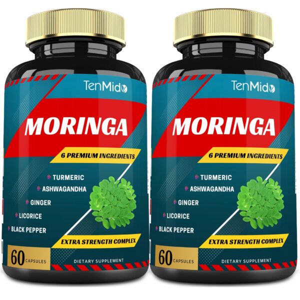 Frascos de cápsulas de moringa y cúrcuma Tenmido para energía y salud