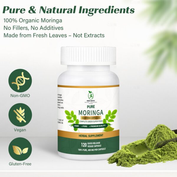 Cápsulas veganas de moringa sin gluten y sin organismos modificados