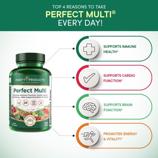 Cápsulas de multivitamínico Perfect Multi en frasco rojo