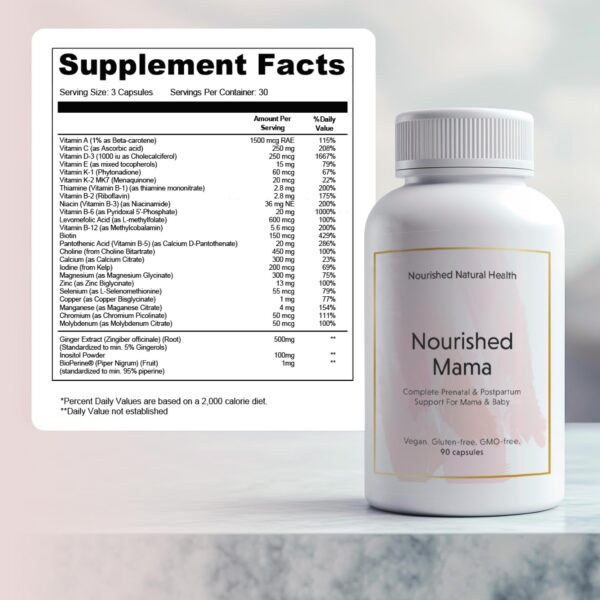 Etiqueta frontal Nourished Mama multivitamínico prenatal vegano