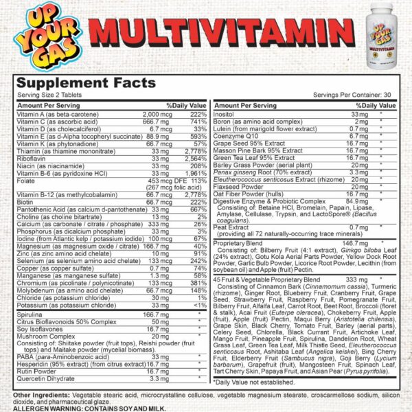 Cápsulas del multivitamínico Up Your Gas sobre fondo blanco