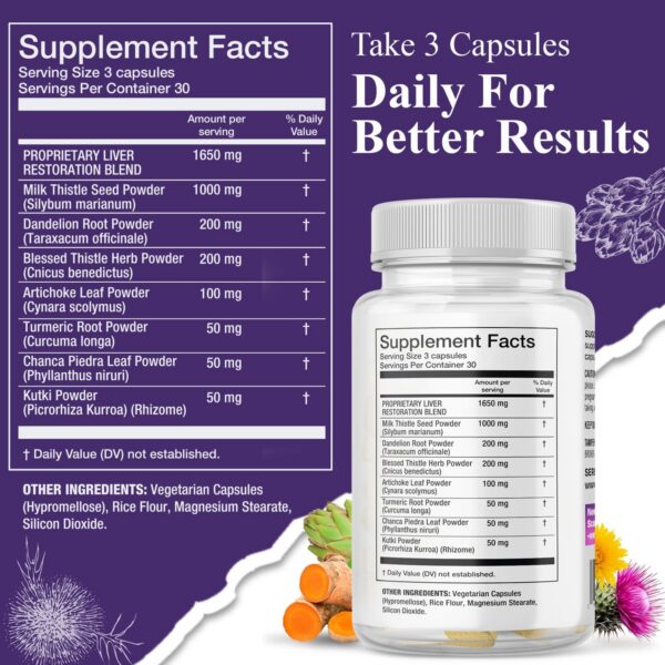 Cápsulas naturales para limpieza hepática Serene Herbs visibles en primer plano