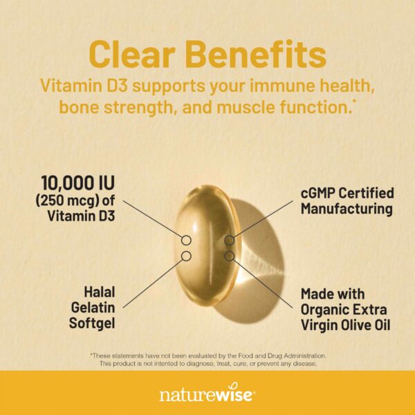 Softgels amarillos de vitamina D3 NatureWise 10000 IU