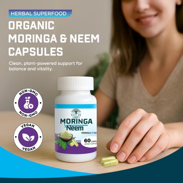 Cápsulas Neem y Moringa en frasco